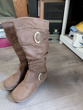Women's Tall Buckle Suede-Look Boots in Brown